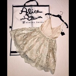 Alice + Olivia Beige Lace Fit-and-Flare Dress